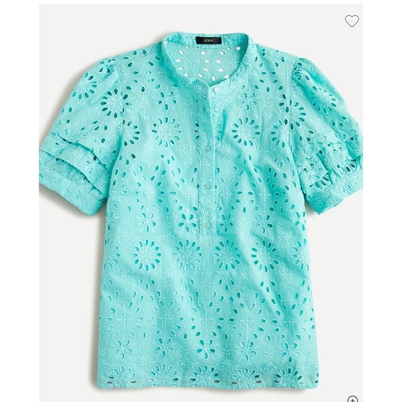 J. Crew Tops - J Crew Floral Eyelet Ruffle Sleeve Popover Top Womens Small‎ Aqua Blue AW539